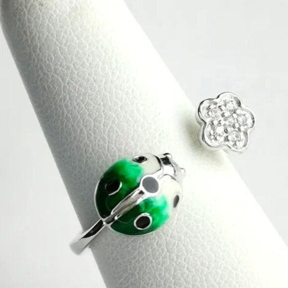 Sterling silver cz enamel ladybug flower ring size 7 NEW - Picture 1 of 6